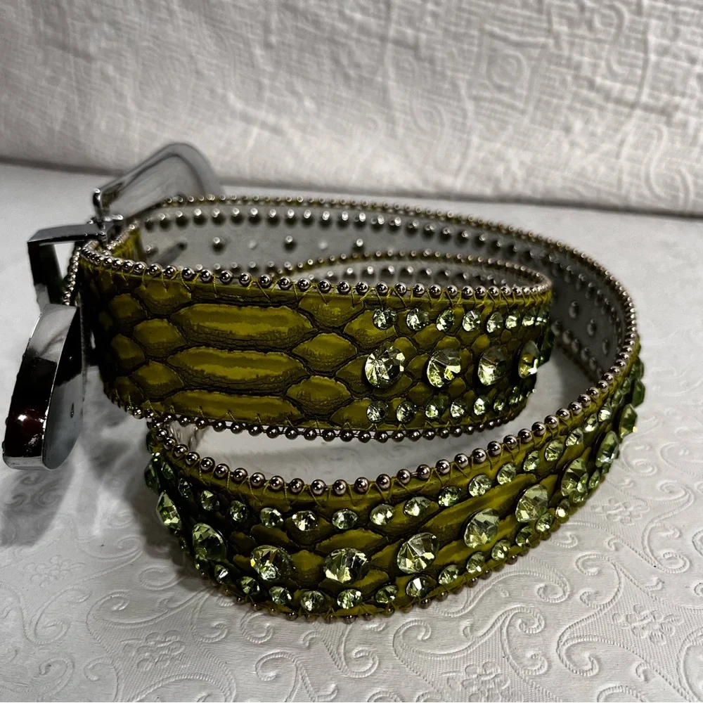 Genuine Leather Rhinestone Belt Western Cowgirl Green Sparkly Bling Belt Small M